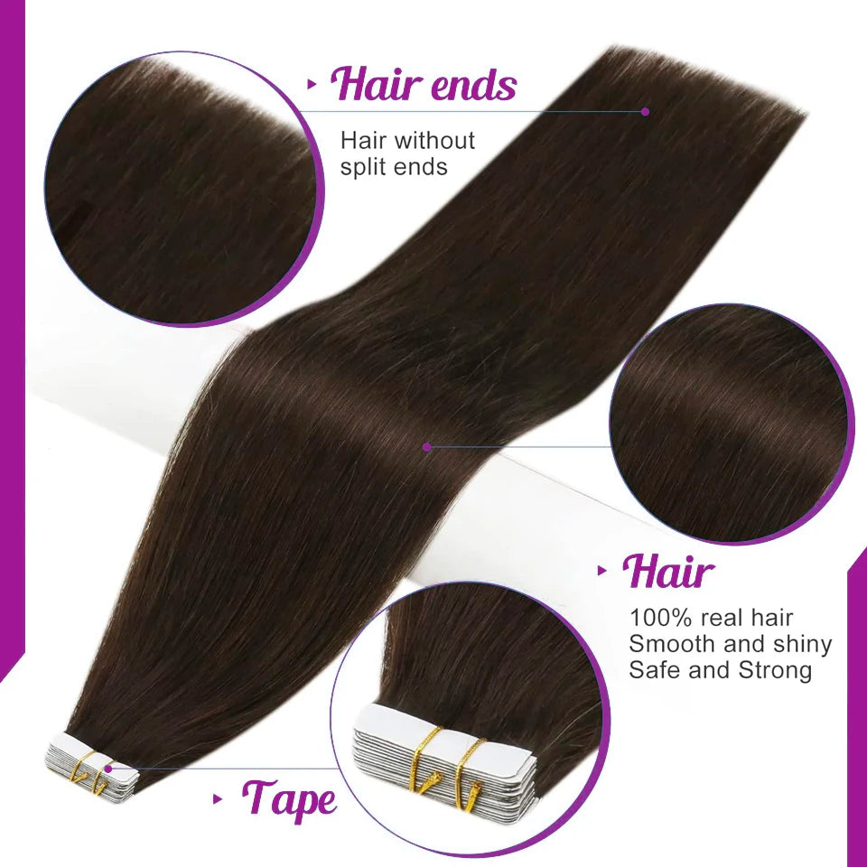 Real Human Hair Straight Tape in Human Hair Extensions Human Hair Extensions 50G/Pack for Women 20 Pcs Brazilian Hair Tape on #2