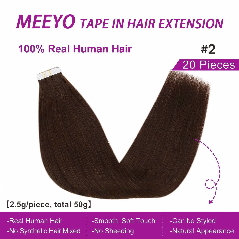 Real Human Hair Straight Tape in Human Hair Extensions Human Hair Extensions 50G/Pack for Women 20 Pcs Brazilian Hair Tape on #2