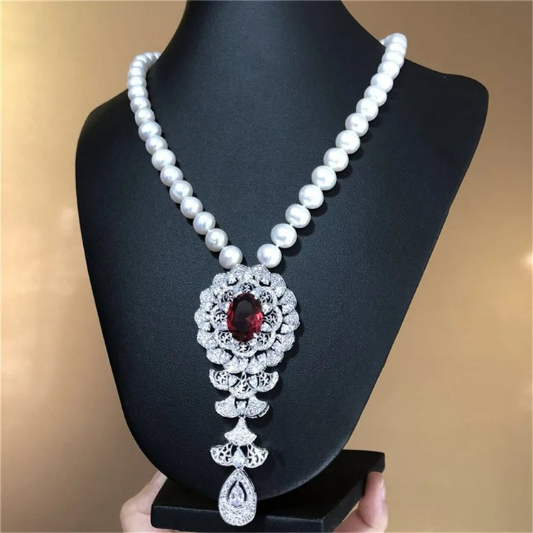 Natural Freshwater Pearl Necklace with Blue Zircon Pendant