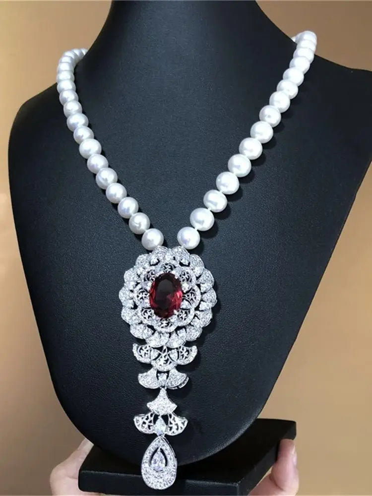 Close-up of Boutique-Style Pearl Necklace with Zircon