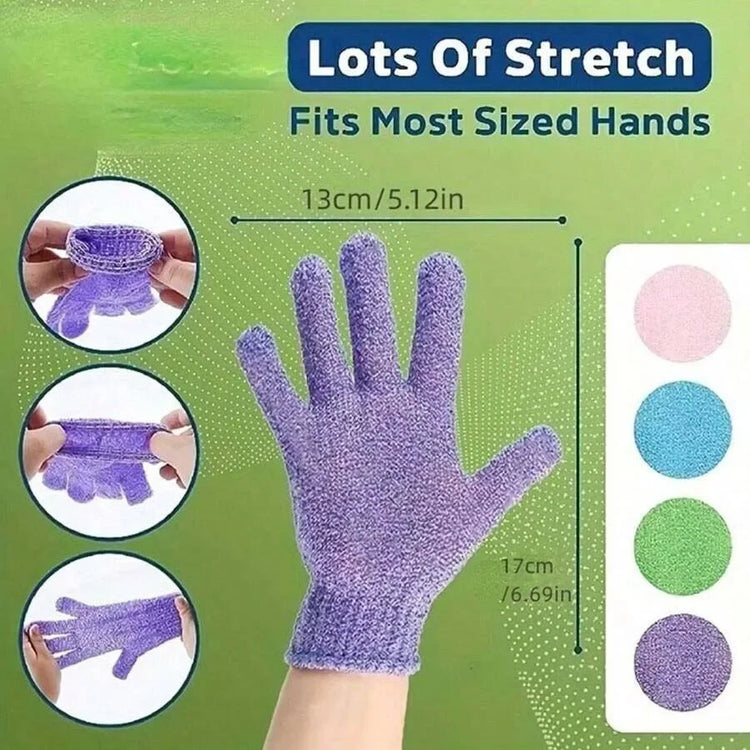 Exfoliating bath products including shower gloves and back scrub towel for deep cleansing and smooth skin.