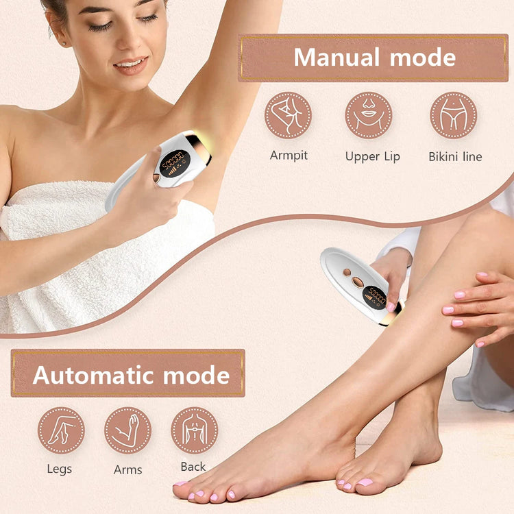 Hair removal for women with painless IPL technology and 999999 flashes for long-term smooth skin.