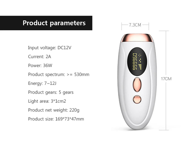 Hair removal for women with painless IPL technology and 999999 flashes for long-term smooth skin.