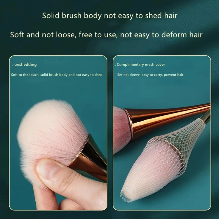 Cosmetic brush with rose gold fan design on white background