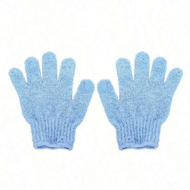 Exfoliating bath products including shower gloves and back scrub towel for deep cleansing and smooth skin.