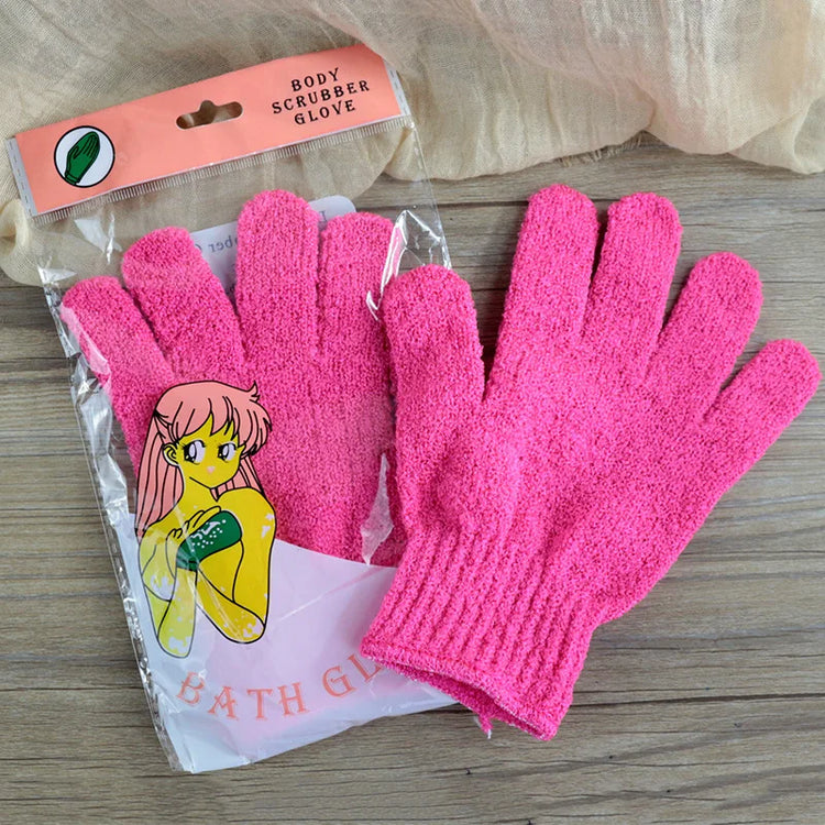 Exfoliating bath products including shower gloves and back scrub towel for deep cleansing and smooth skin.