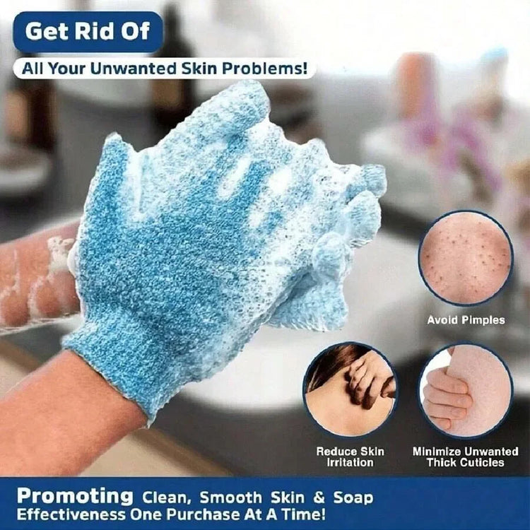 Exfoliating bath products including shower gloves and back scrub towel for deep cleansing and smooth skin.