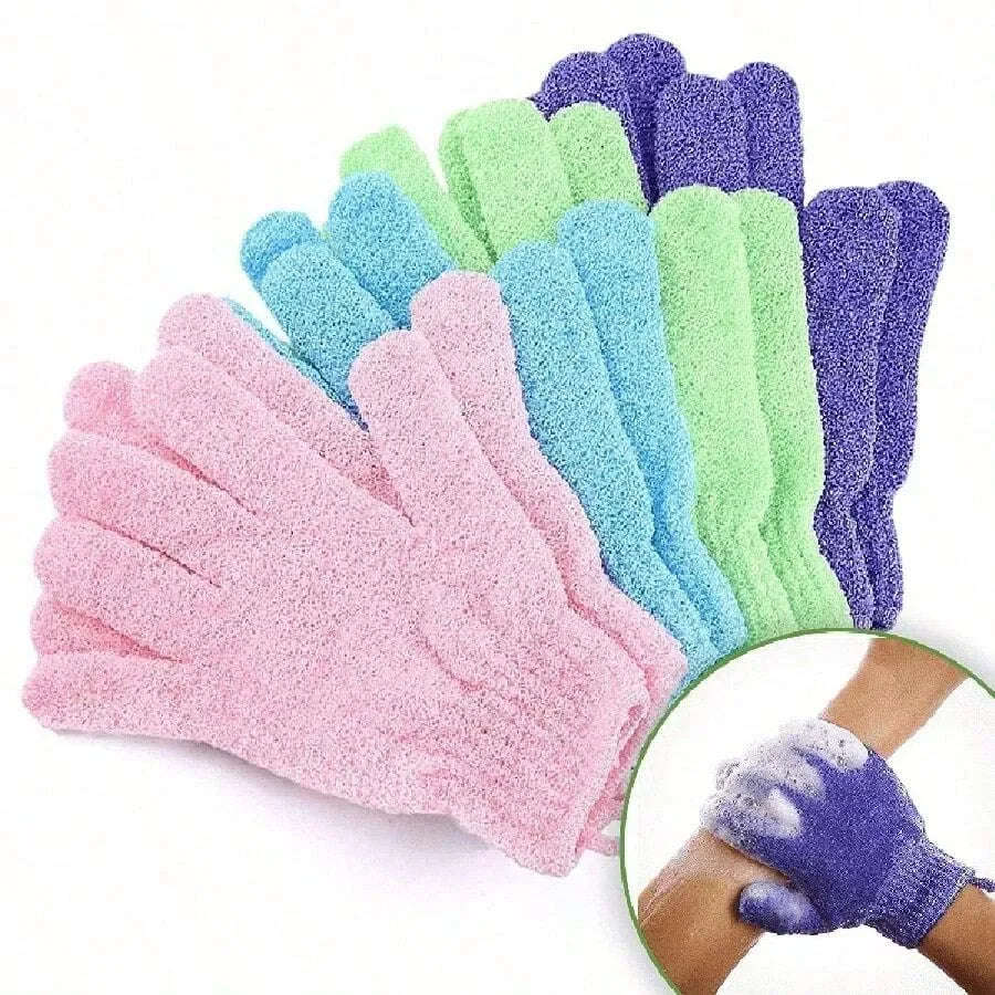 Exfoliating bath products including shower gloves and back scrub towel for deep cleansing and smooth skin.