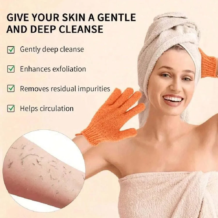 Exfoliating bath products including shower gloves and back scrub towel for deep cleansing and smooth skin.
