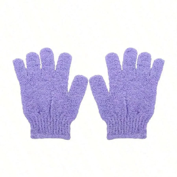 Exfoliating bath products including shower gloves and back scrub towel for deep cleansing and smooth skin.