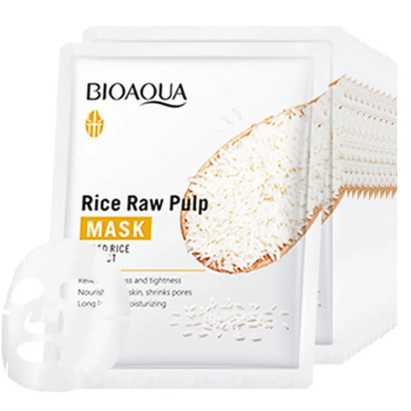 10pcs BIOAQUA Rice Raw Pulp Facial Masks – Skincare Moisturizing, Firming & Hydrating Korean Sheet Masks for Glowing Skin