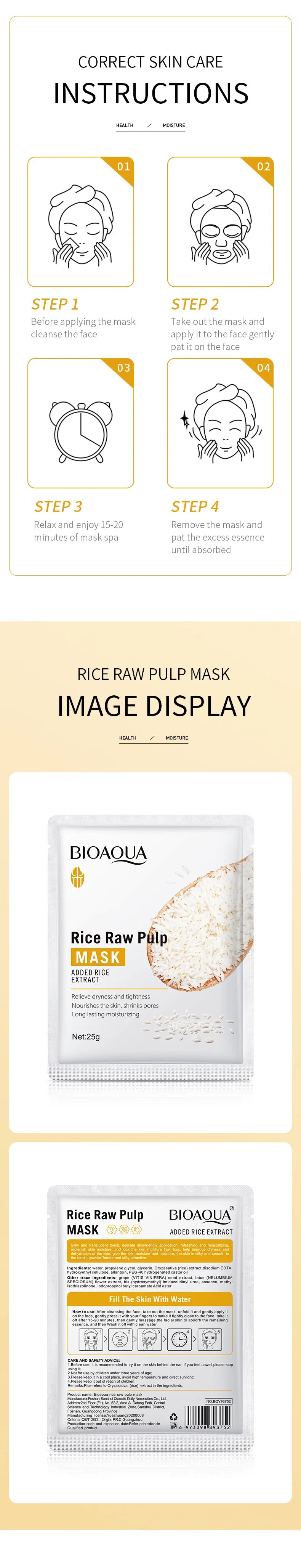 10pcs BIOAQUA Rice Raw Pulp Facial Masks – Skincare Moisturizing, Firming & Hydrating Korean Sheet Masks for Glowing Skin
