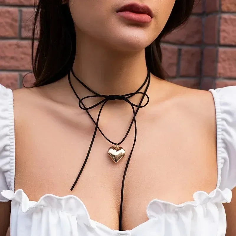 Layered Lace Up Rope Chain with Heart Pendant Necklace for Women Trendy Elegant Choker Necklace 2023 Fashion Jewelry Accessories