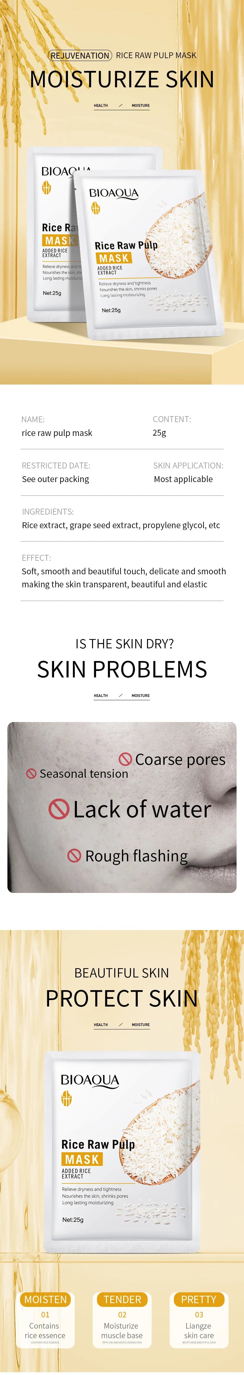 10pcs BIOAQUA Rice Raw Pulp Facial Masks – Skincare Moisturizing, Firming & Hydrating Korean Sheet Masks for Glowing Skin