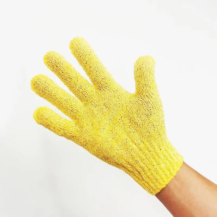 Exfoliating bath products including shower gloves and back scrub towel for deep cleansing and smooth skin.
