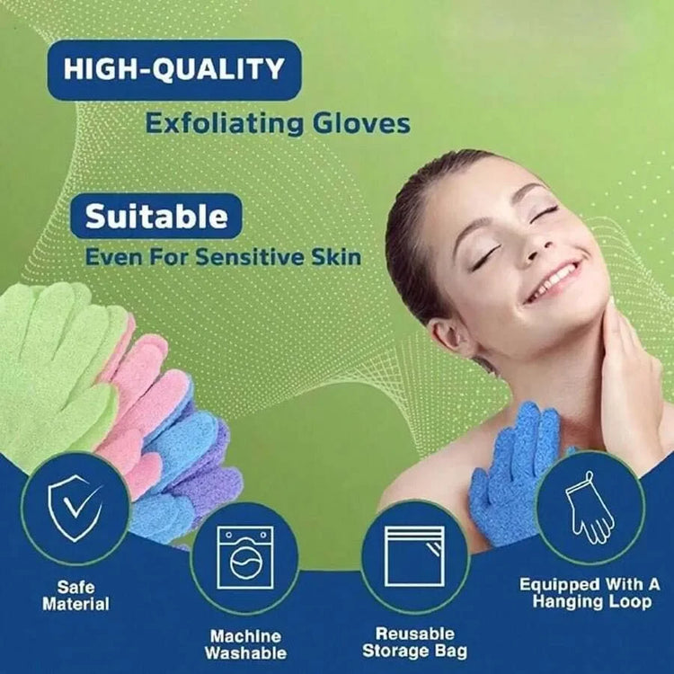 Exfoliating bath products including shower gloves and back scrub towel for deep cleansing and smooth skin.