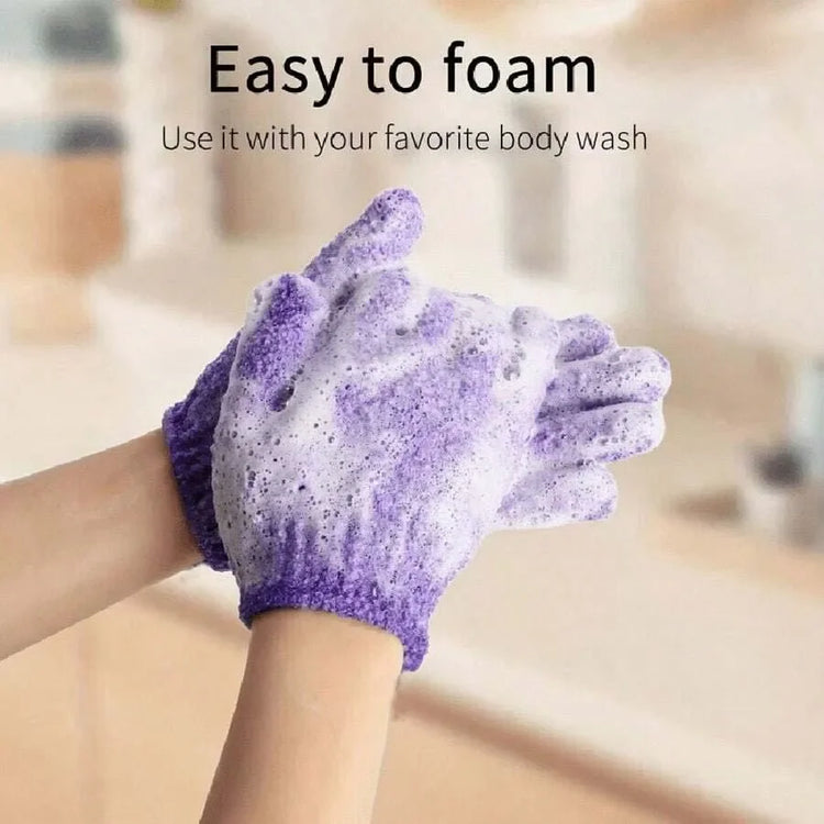 Exfoliating bath products including shower gloves and back scrub towel for deep cleansing and smooth skin.