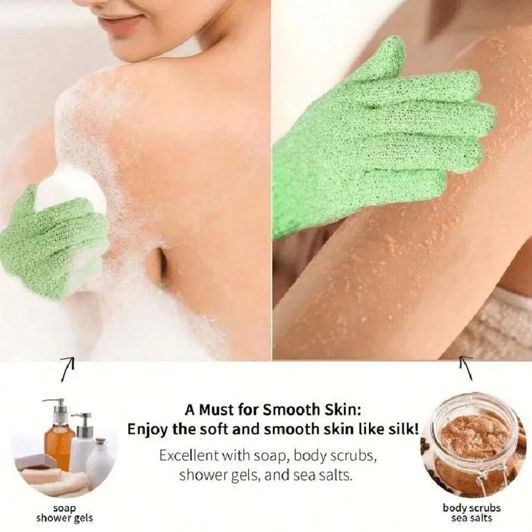 Exfoliating bath products including shower gloves and back scrub towel for deep cleansing and smooth skin.