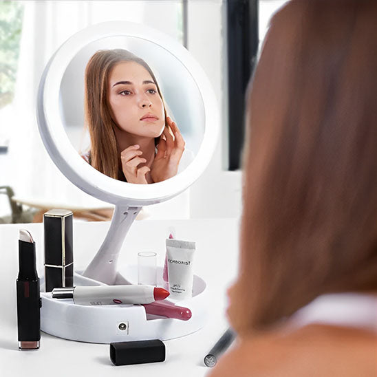 360 rotating makeup mirror in tilted position