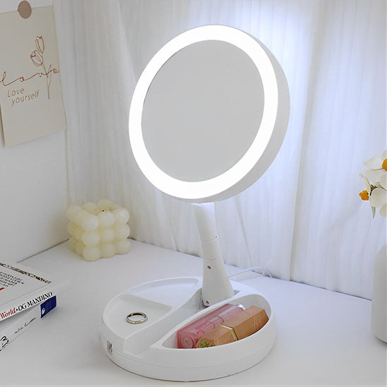 LED makeup mirror with lights turned on, front view