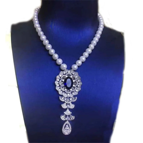 Natural Freshwater Pearl Necklace with Blue Zircon Pendant